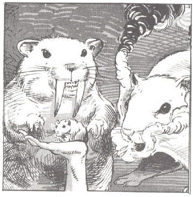 A Giant Space Hamster and a Fire-Breathing Giant Space Hamster look at a regular sized hamster held in a hand.